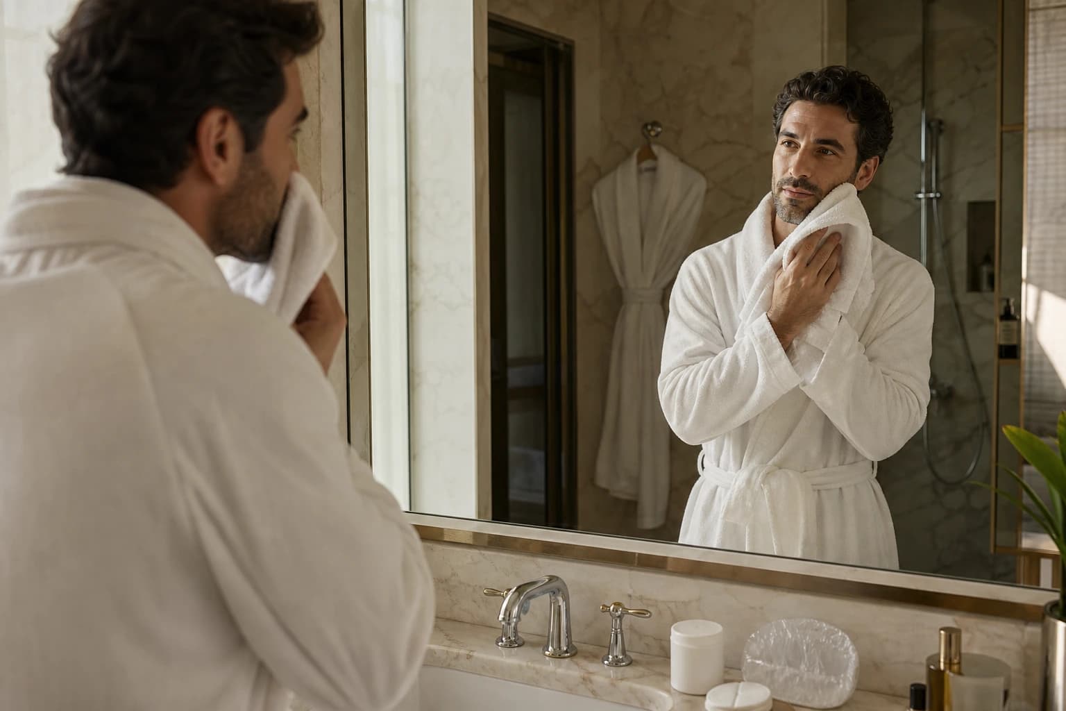 Hotel guest in a bathrobe at a marble vanity with guest amenities